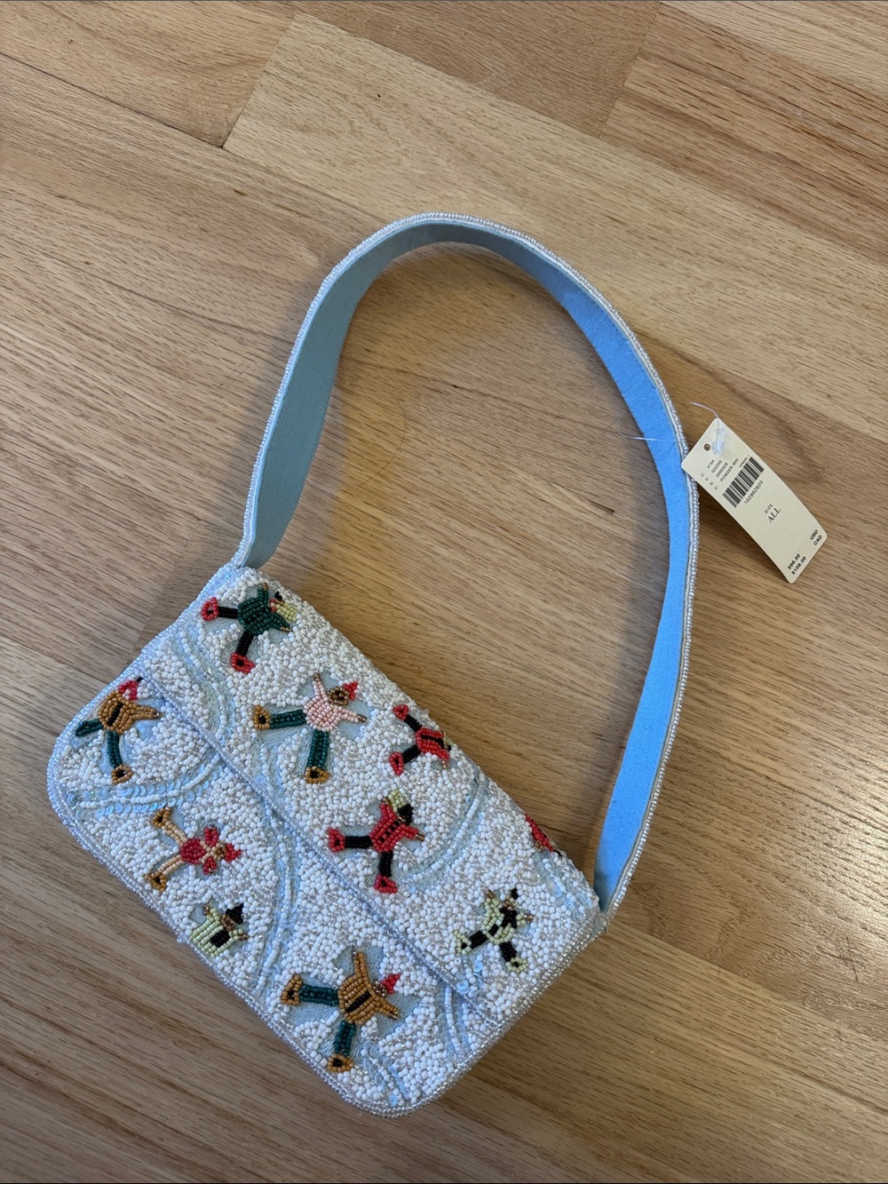 Anthropologie White Beaded Shoulder Bag with Multicolor Snow Angel Accents